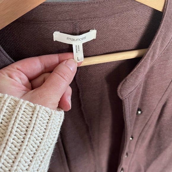 Maurices Mauve Brown Knit Jacket Collarless Button Trim Rolled Sleeve Blazer - Picture 2 of 5